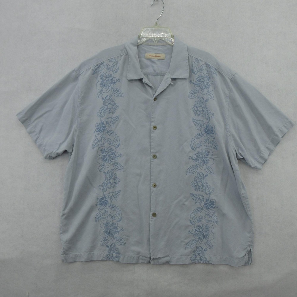 Tommy Bahama Shirt Mens 2XL Blue Silk Embroidered Floral Hawaiian Button Up